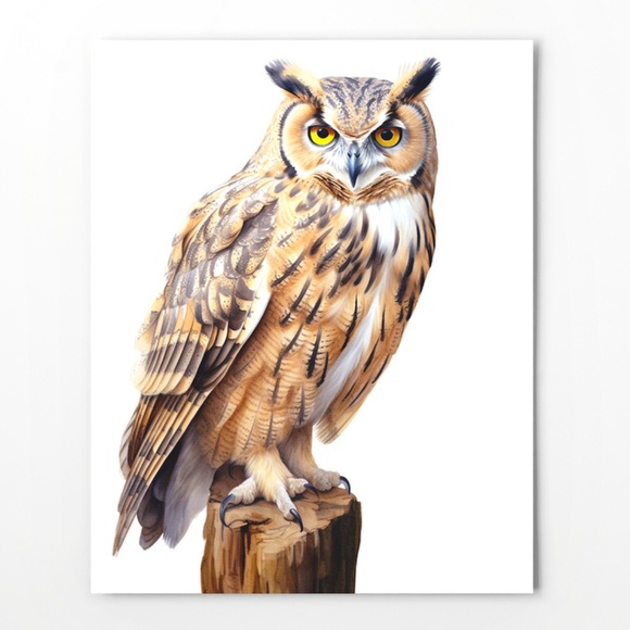 Watercolor Eurasian Eagle Owl Portrait Wall Art Illustration Print Unframed - Picture 3 of 7